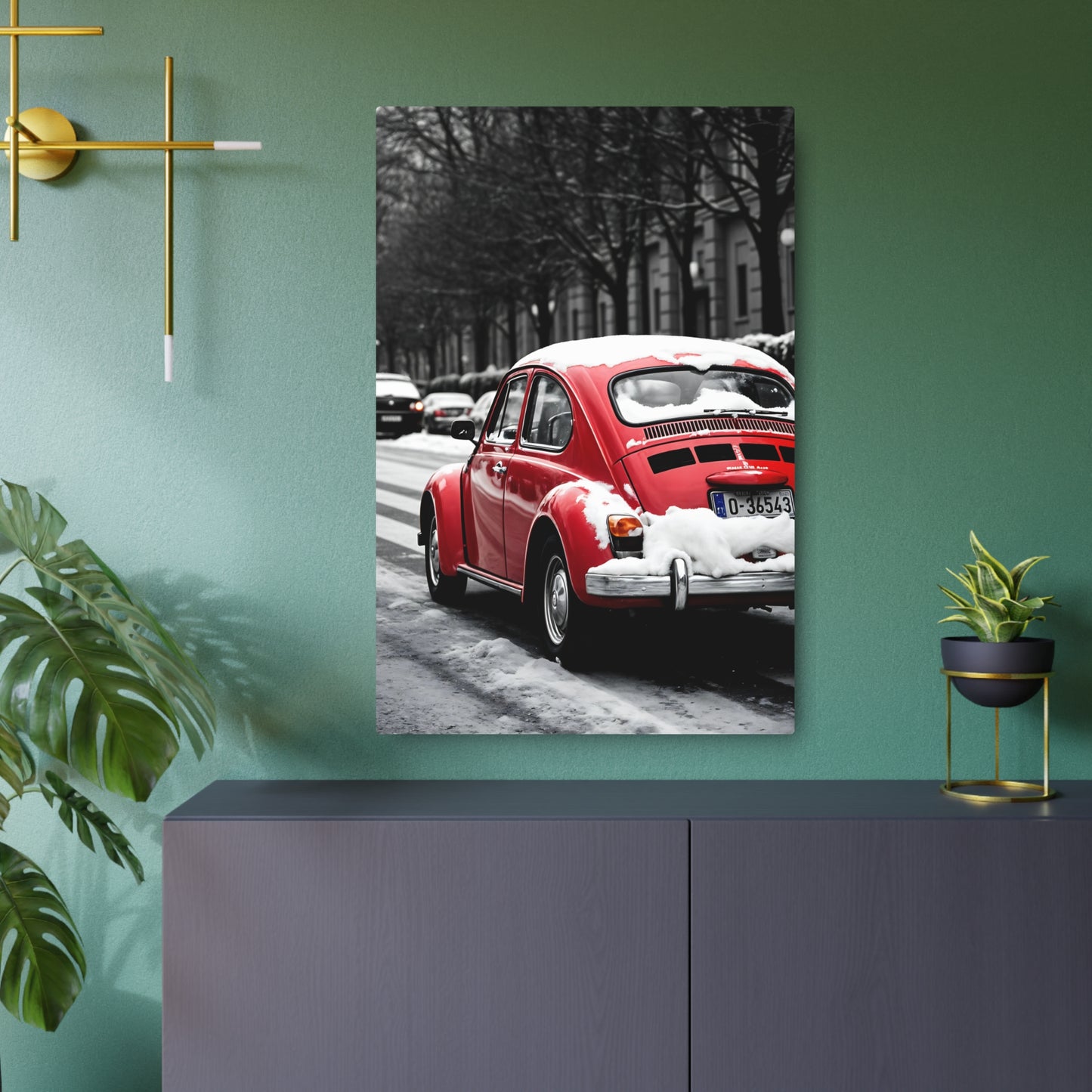 Vintage Red Beetle in Winter Wonderland – Metal Sign Artwork 24" x 36" (Vertical) 0.12''