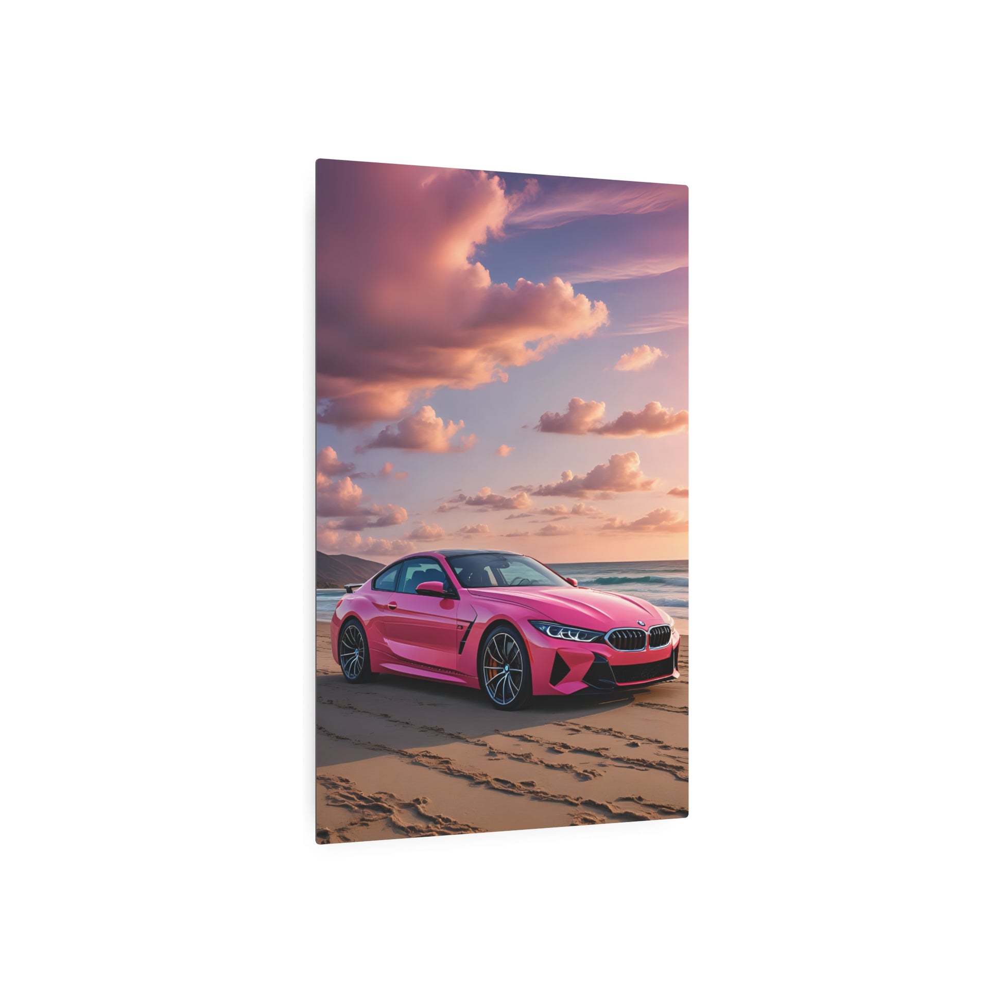 Sunset Gleam on a Pink BMW Supercar Metal Art Sign