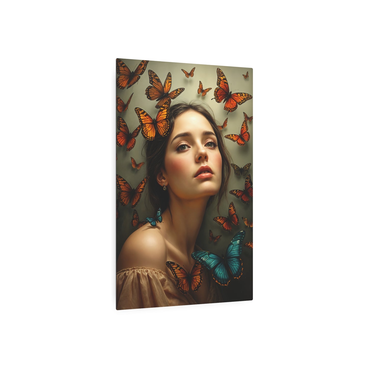 Enchanting Woman Surrounded by Butterflies – Exquisite Artwork for Nature Lovers Metal Art Sign