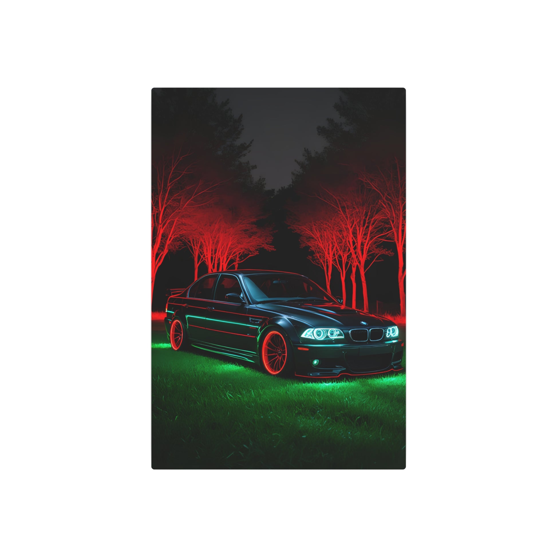 Illuminated Elegance: BMW in Red and Green Metal Art Sign