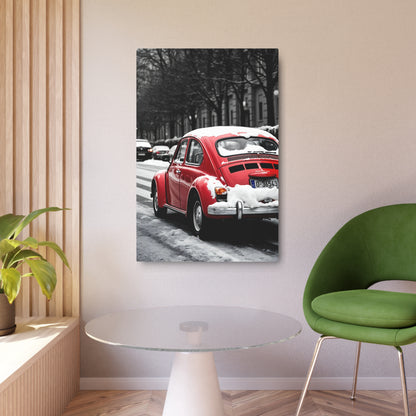 Vintage Red Beetle in Winter Wonderland – Metal Sign Artwork