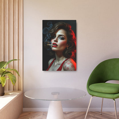 Seductive Portrait of a Glamorous Woman: Vintage Aesthetic with Red Accents Metal Art Sign