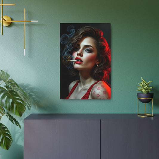 Seductive Portrait of a Glamorous Woman: Vintage Aesthetic with Red Accents Metal Art Sign 20″ x 30″ (Vertical) 0.12''