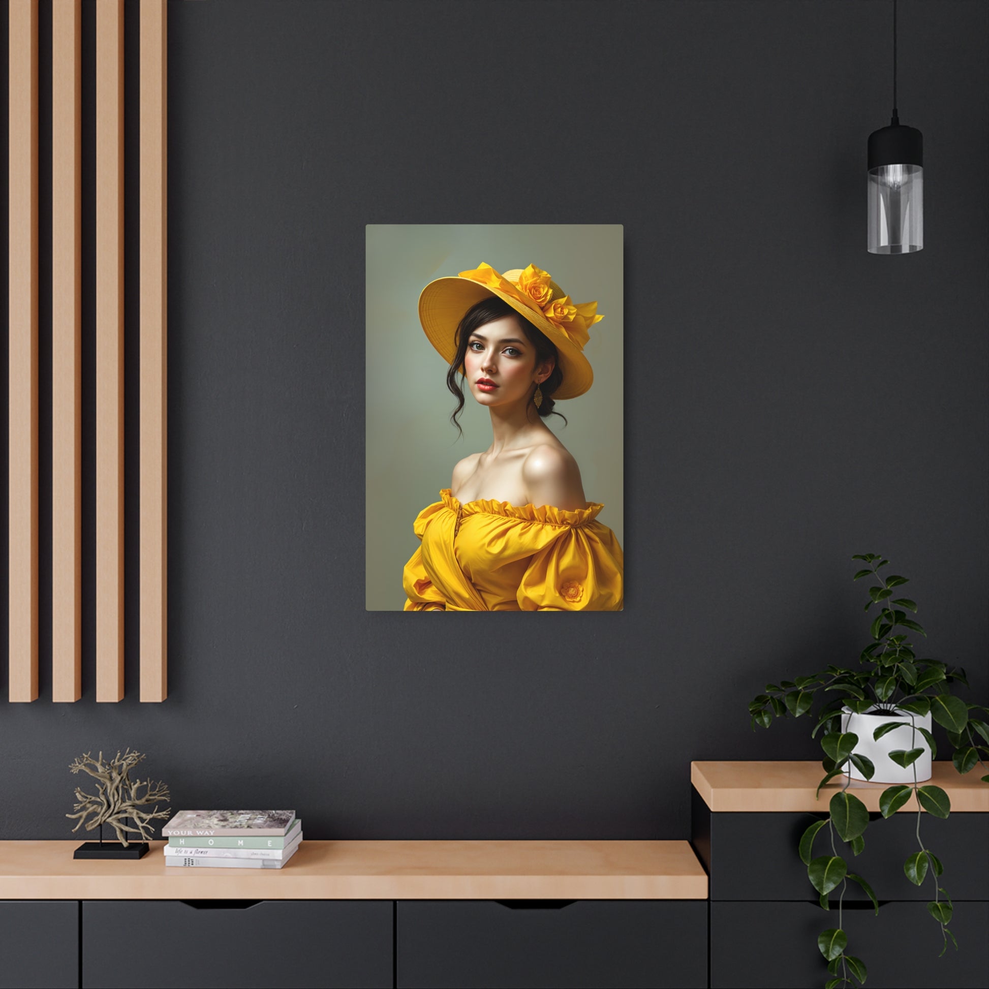 Elegant Yellow Hat Woman Metal Sign Artwork