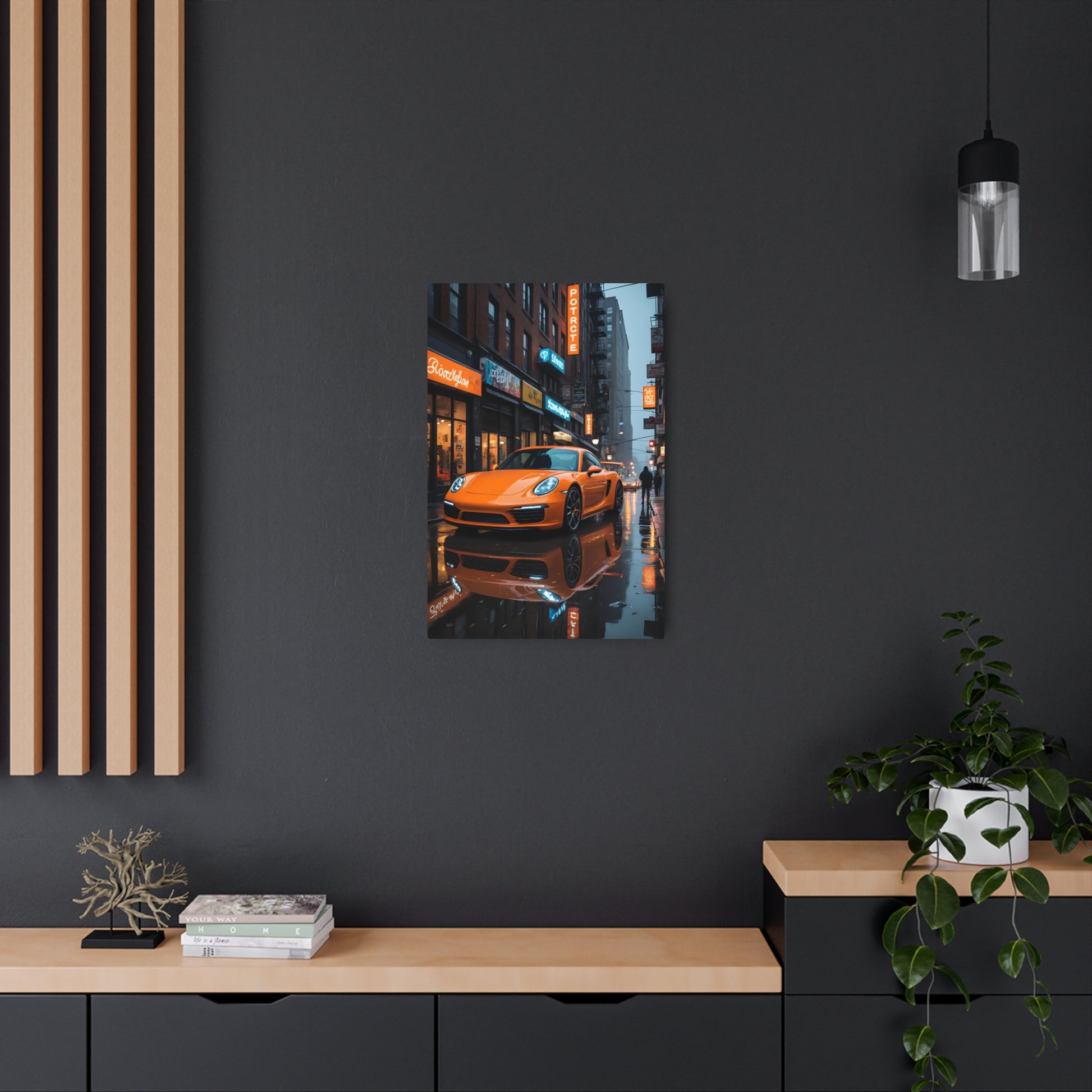 Orange Sports Car in Rainy Urban Street Scene Metal Art Sign