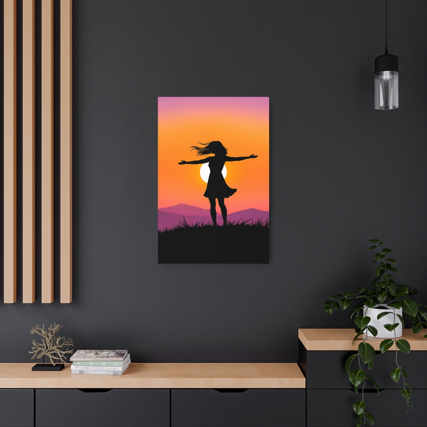 Embracing Freedom: Silhouette of a Woman at Sunset Metal Art Sign