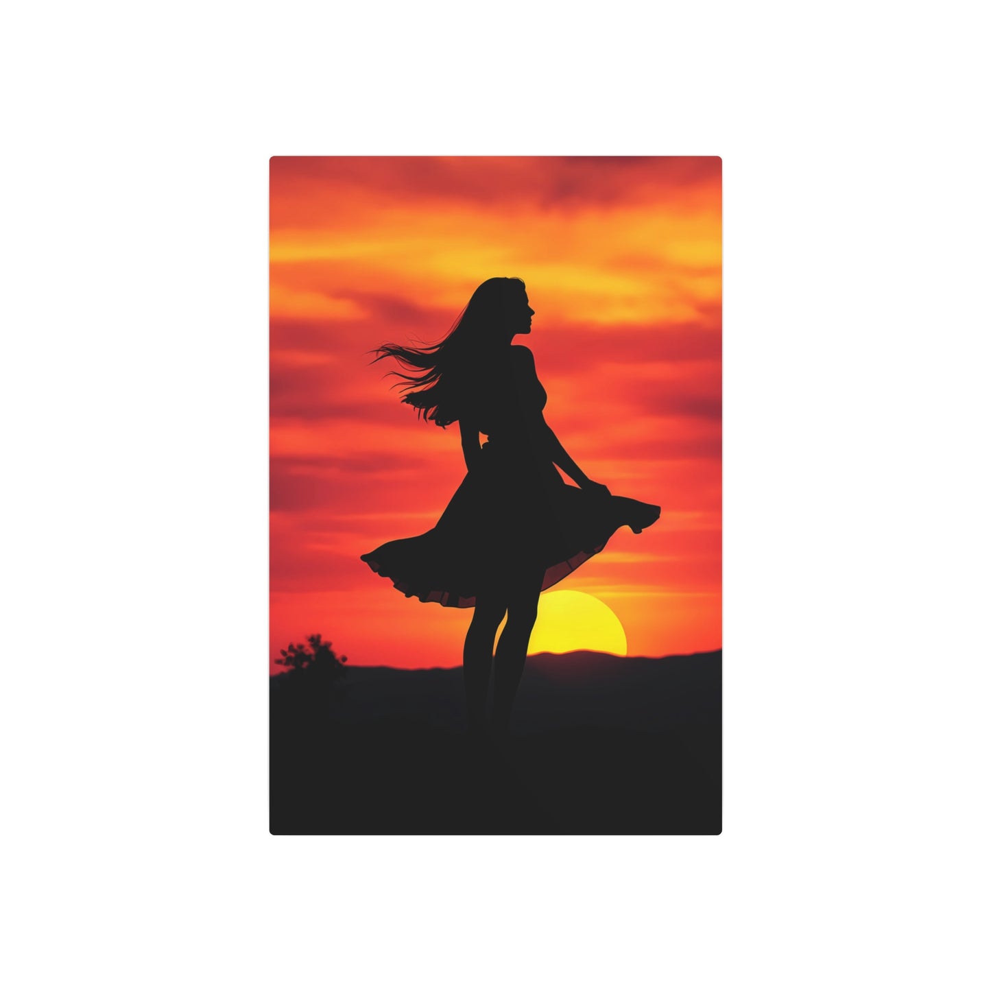 Silhouette of Serenity: Woman Against a Stunning Sunset Metal Art Sign