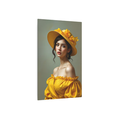 Elegant Yellow Hat Woman Metal Sign Artwork