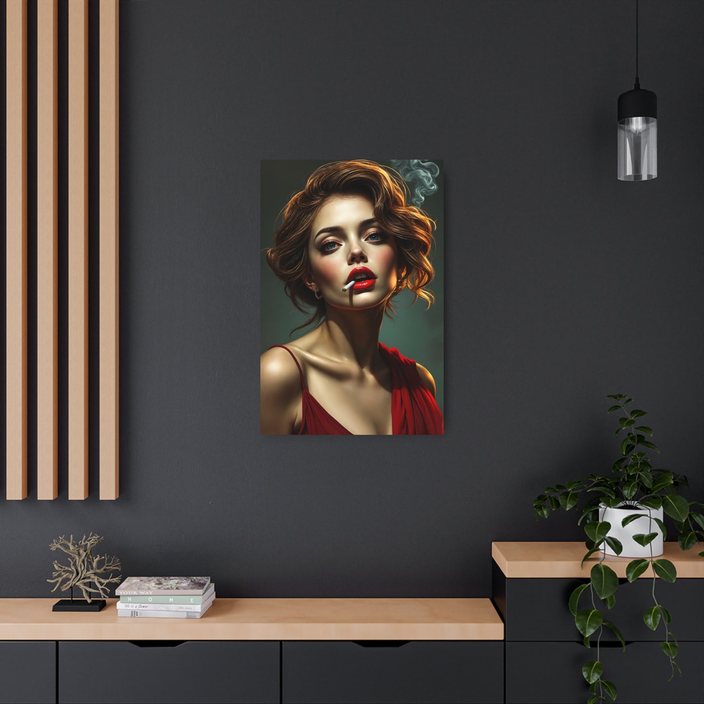 Captivating Portrait of a Glamorous Woman in Red - Artistic Masterpiece Metal Art Sign