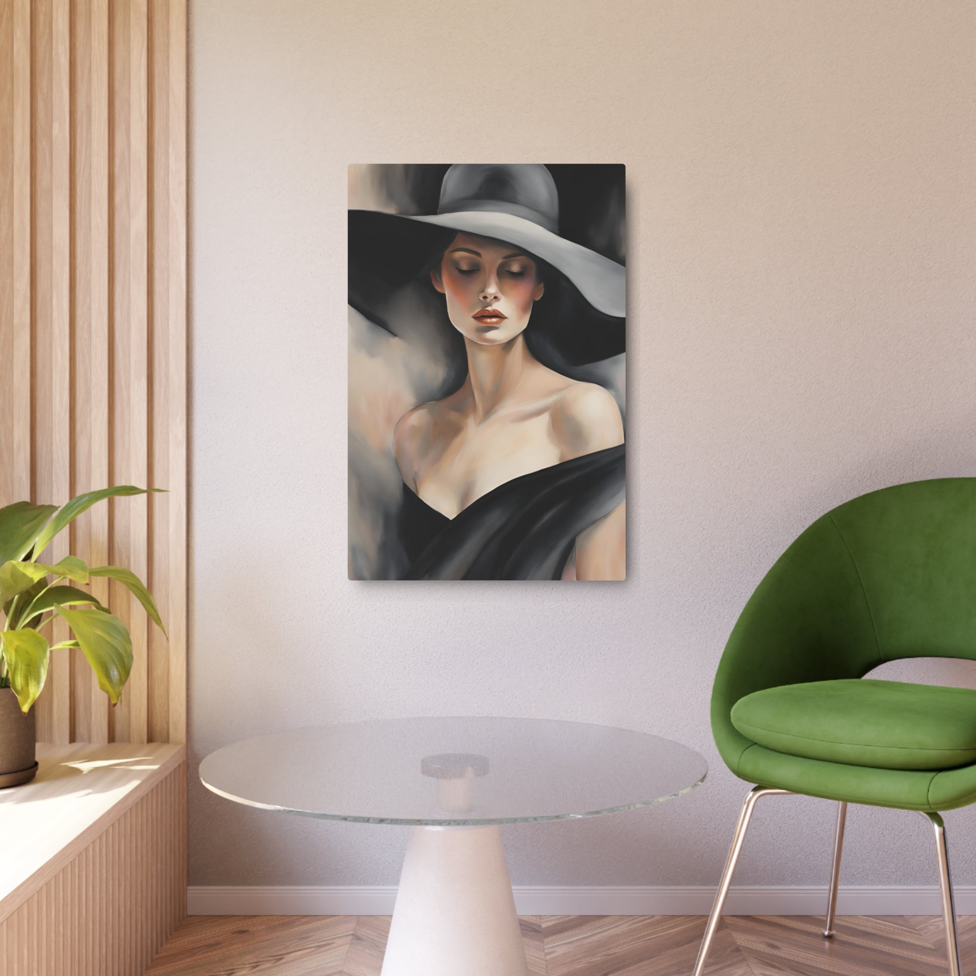 Elegant Modern Portrait Art: Woman with Hat – Timeless Beauty in Oil Painting Metal Art Sign