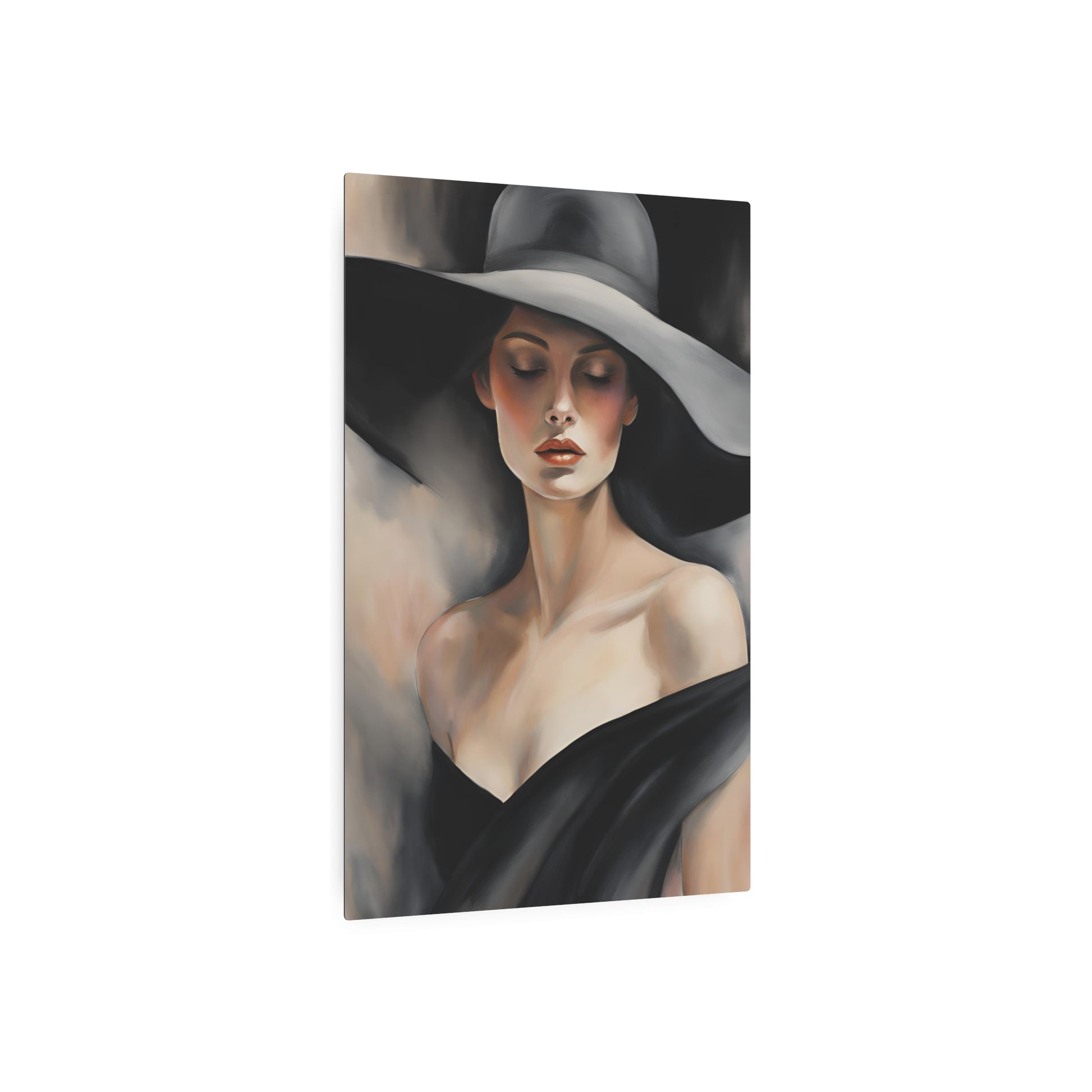 Elegant Modern Portrait Art: Woman with Hat – Timeless Beauty in Oil Painting Metal Art Sign