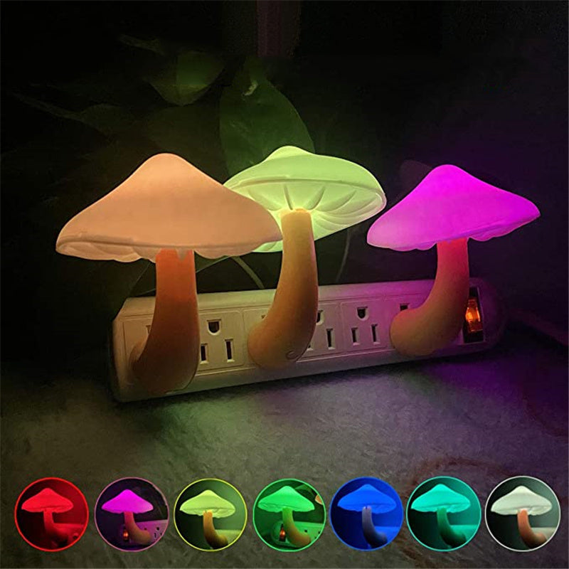 LED Night Light Mushroom Wall Socket Lamp EU US Plug Warm White Light-control Sensor Bedroom Light Home Decoration Mushroom US Colorful