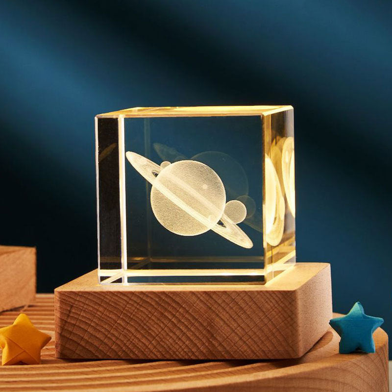 3D Transparent Crystal Cube Desktop Decoration Small Night Lamp Bedroom Home Decor For Kids Party Children Birthday Gifts Warm Light Saturn