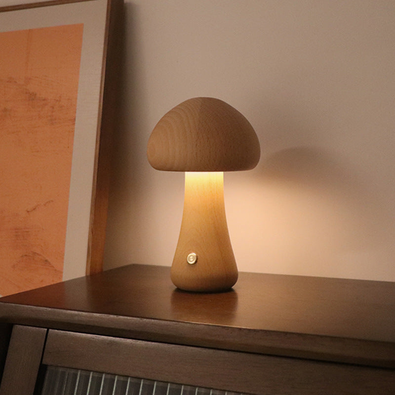 INS Wooden Cute Mushroom LED Night Light With Touch Switch Bedside Table Lamp For Bedroom Childrens Room Sleeping Night Lamps Home Decor A Beech 2.4W